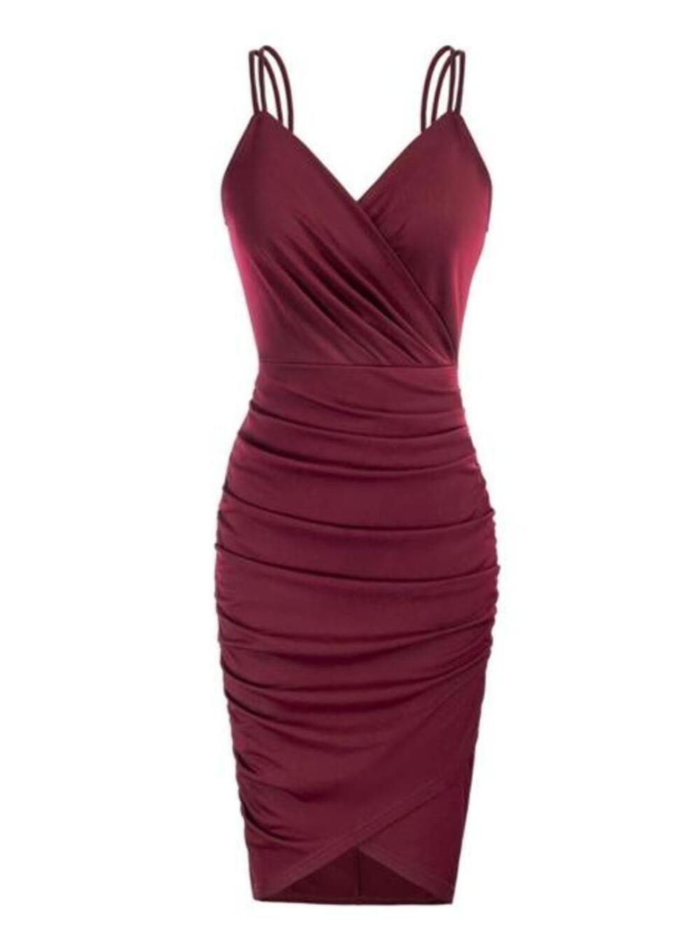 Burgundy satin midi dress with ruched detailing